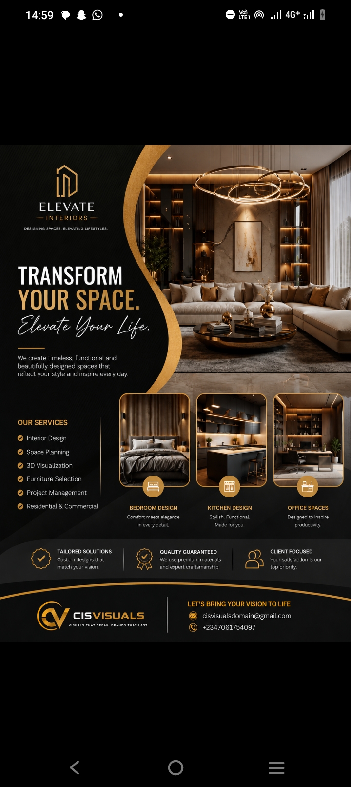 Promotional flyer for Elevate Interiors featuring a luxury living room and a gold service list